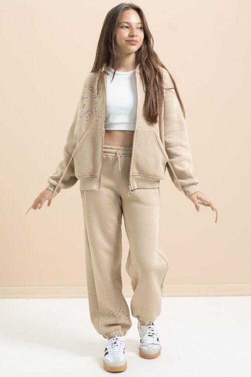 Bej Kız Çocuk Şardonlu Boncuk İşlemeli 2li Takım 21417