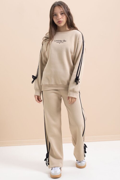 Bej Kız Çocuk Şerit Detaylı 3 İplik Şardonlu Takım 21516