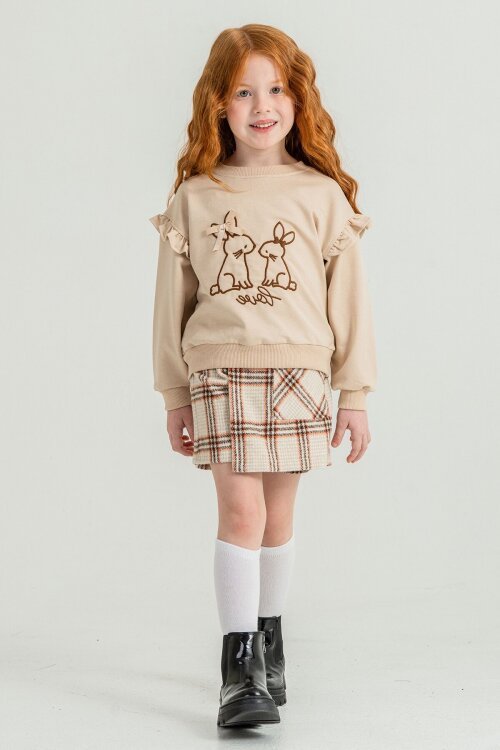 Bej Kız Çocuk Tavşan Nakışlı Ekose Desenli Şort Etekli 2li Takım 21539