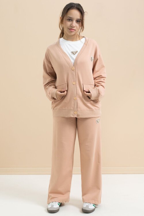 Bej Logo Detaylı Düğmeli Hırkalı kız Çocuk Yırtmaçlı 3lü Atl-Üst Takım 21377