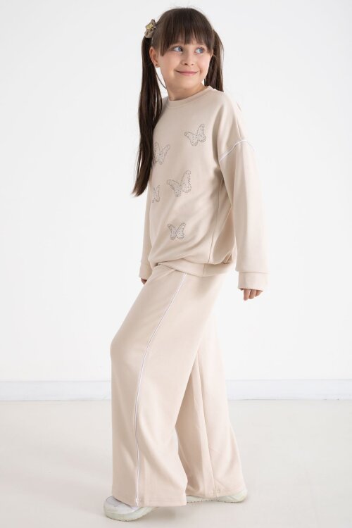 Bej Payetli Kelebek İşlemeli Geniş Paça Kız Çocuk Eşofman Takımı 22736