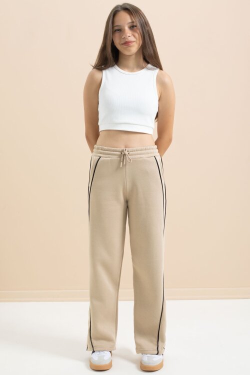 Bej Yanları Şeritli Geniş Paça Kız Çocuk Şardonlu Eşofman Altı 21468