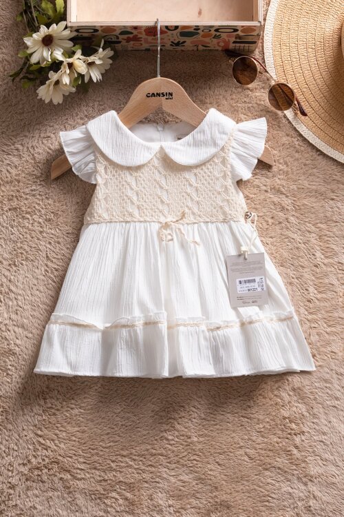 Beyaz Kolları Fırfırlı Dantel İşlemeli Kız Bebek Elbise  22655