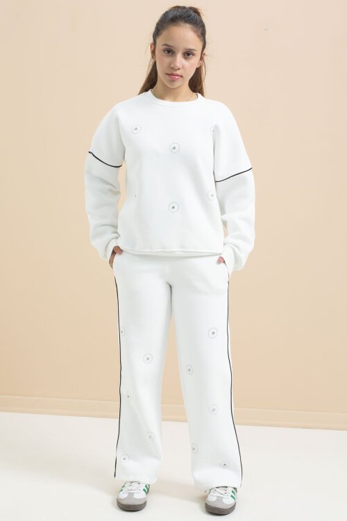 Beyaz Payet İşlemeli Şardonlu Kız Çocuk 2li Eşofman Takımı 21425