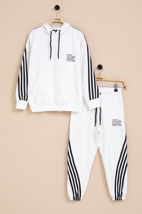Beyaz Şerit Detaylı Yazı Baskılı Kapüşonlu Erkek Çocuk Eşofman Takımı 21450