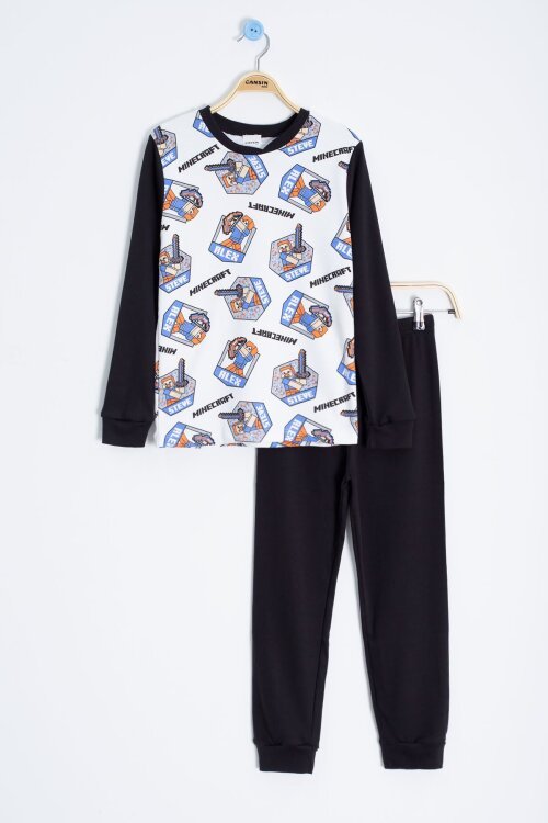 Ekru Çizgi Karakter Baskılı Erkek Çocuk Pijama Takımı 22765