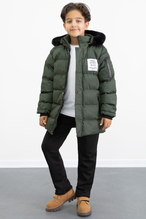 Erkek Çocuk Haki Yazılı Arma Detaylı İçi Kürklü Kapüşonlu Şişme Mont 21344