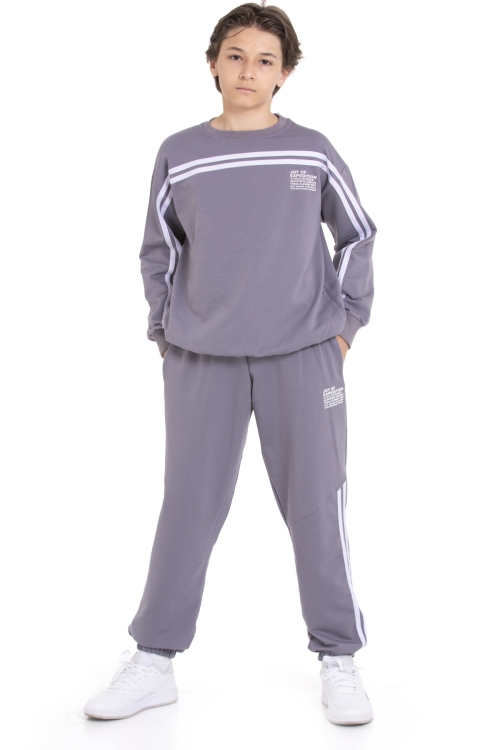 Füme Şerit Detaylı Bisiklet Yaka Erkek Çocuk Basic Eşofman Takımı 21264