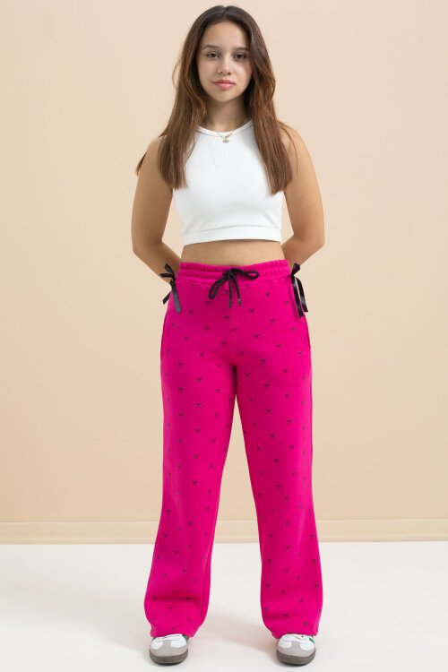 Fuşya Fiyonk Baskılı Geniş Paça Kız Çocuk Şardonlu Eşofman Altı 23429