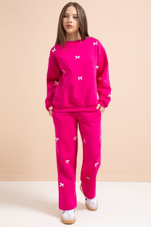 Fuşya Fiyonk Nakışlı Bisiklet Yaka Kız Çocuk Şardonlu Eşofman Takımı 21286