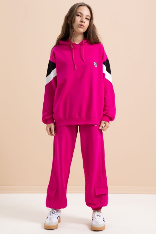 Fuşya Kargo Cepli Kız Çocuk Logolu İkili Takım 21299