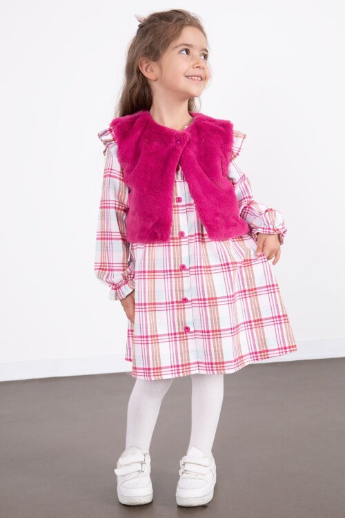 Fuşya Kız Çocuk Peluş Yelekli Ekose Desenli Elbise 22698
