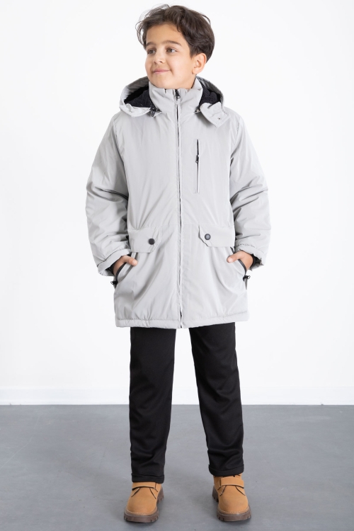 Gri Fermuarlı Göğüs Cepli İçi Kürklü Erkek Çocuk Kapüşonlu Mont 21355