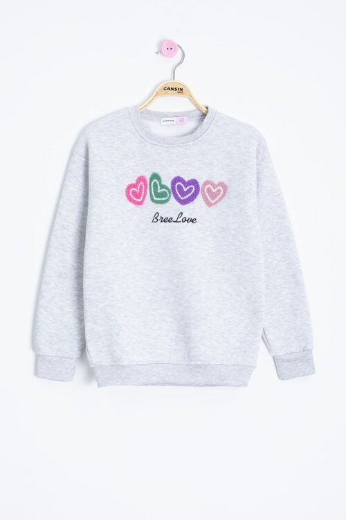 Gri Kalp Nakışlı Bisiklet Yaka Kız Çocuk Şardonlu Sweatshirt 23252