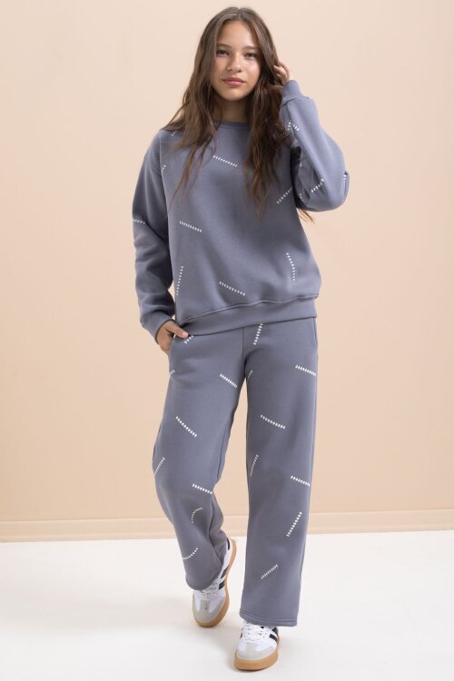 Gri Kız Çocuk Desenli 3 İplik Şardonlu Geniş Paça Eşofman Takımı 22648