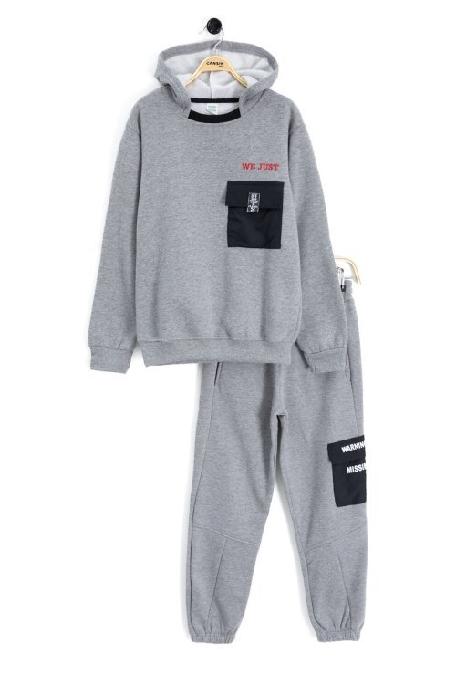 Gri Yazı Baskılı Şardonlu Erkek Çocuk Kapüşonlu Eşofman Takımı 22716