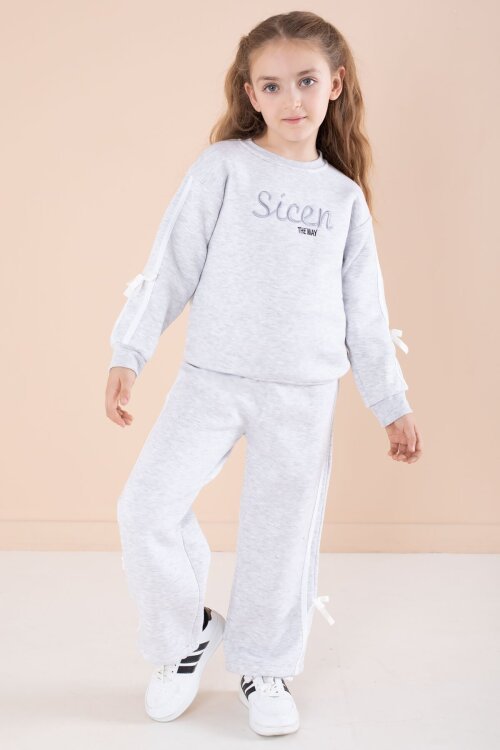 Gri Yazı Nakışlı Şerit Detaylı Şardonlu Kız Çocuk Eşofman Takımı  23238