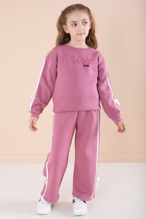 Gül Kurusu Yazı Nakışlı Şerit Detaylı Şardonlu Kız Çocuk Eşofman Takımı  23240