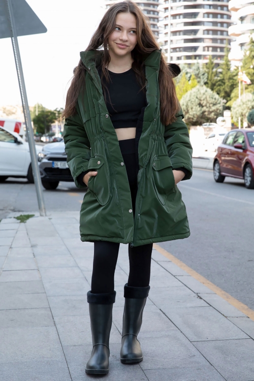 Haki Cep Detaylı İçi Kürklü Çıkarılabilir Kapüşonlu Kız Çocuk Şişme Mont 21338