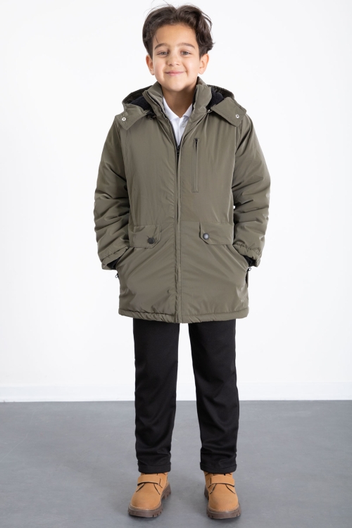 Haki Fermuarlı Göğüs Cepli İçi Kürklü Erkek Çocuk Kapüşonlu Mont 21370