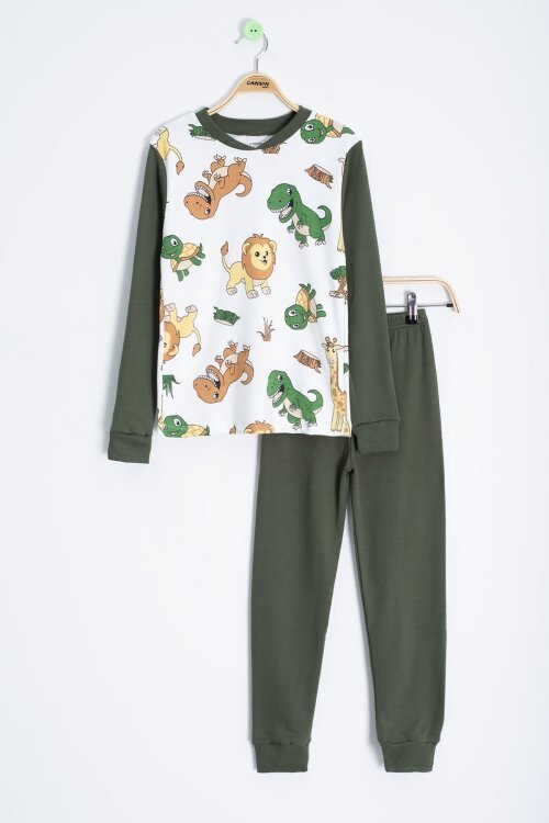 Haki Hayvanlar Alemi Baskı Erkek Çocuk Pijama Takımı 22764
