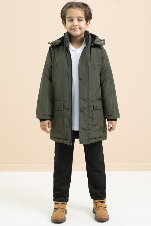 Haki İçi Kürklü Çıtçıtlı Cepli Uzun Kesim Erkek Çocuk Kapüşonlu Şişme Mont 21445