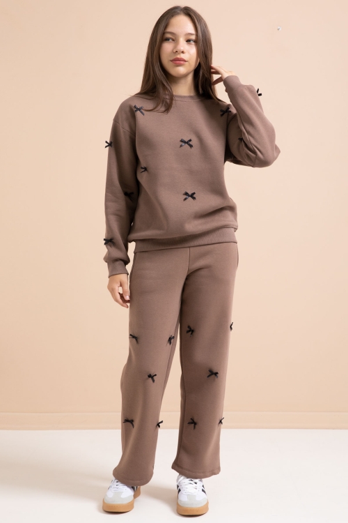 Kahve Fiyonk Nakışlı Bisiklet Yaka Kız Çocuk Şardonlu Eşofman Takımı 21290