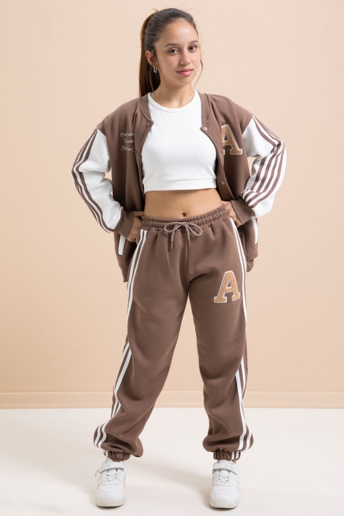 Kahve Yazılı Kolej Ceketli Kız Çocuk Şeritli 3 İplik Şardonlu Eşofman Takımı 21295