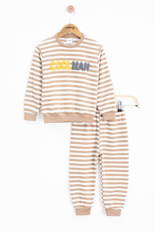 Kahverengi Erkek Çocuk Yazı Nakışlı Şardonlu 2li takım 22706