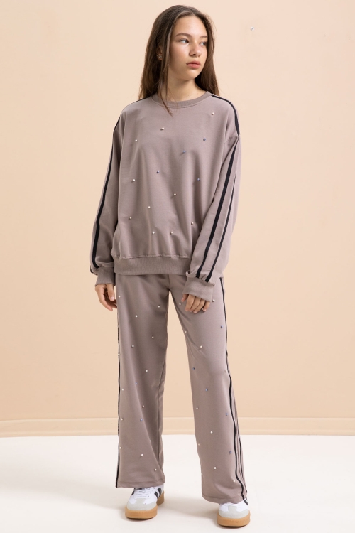 Kahverengi İnci İşlemeli Bisiklet Yaka Kız Çocuk Şeritli Eşofman Takımı 21294