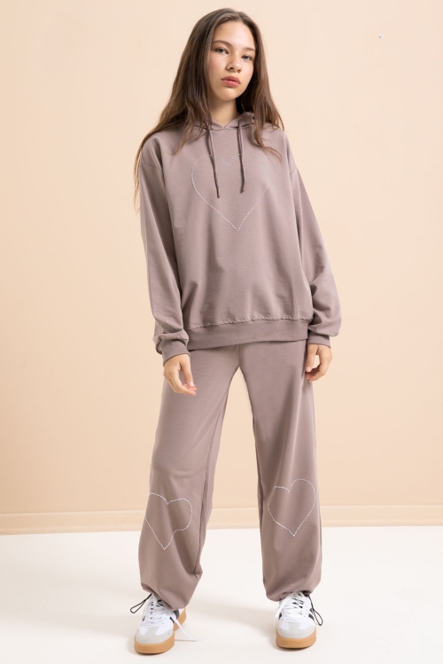 Kahverengi Kalp Desenli Kapüşonlu Kız Çocuk Eşofman Takımı 21255