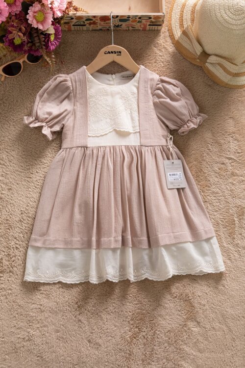 Kahverengi Kız Çocuk Dantel Detaylı Kolu Fırfırlı Elbise  22683