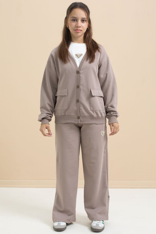 Kahverengi Logo Detaylı Düğmeli Hırkalı kız Çocuk Yırtmaçlı 3lü Atl-Üst Takım 21376