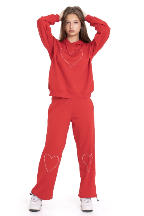 Kırmızı Kalp Desenli Kapüşonlu Kız Çocuk Eşofman Takımı 21256