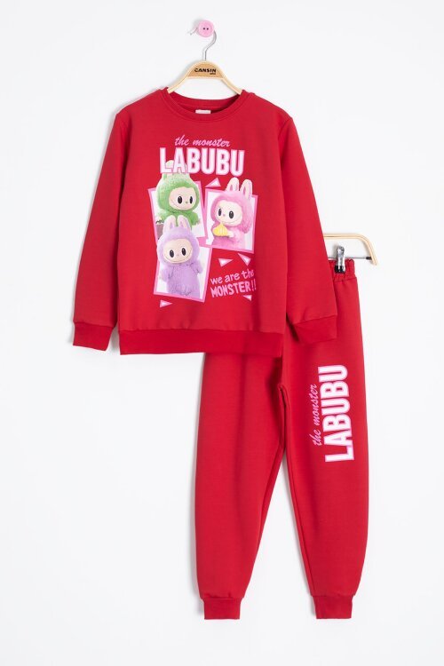 Kırmızı Karakter Baskılı Bisiklet Yaka Kız Eşofman Takımı 23276