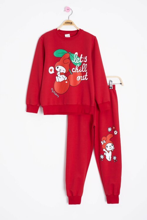 Kırmızı Kız Çocuk Kiraz Karakter Baskılı Bisiklet Yaka Eşofman Takımı 23270