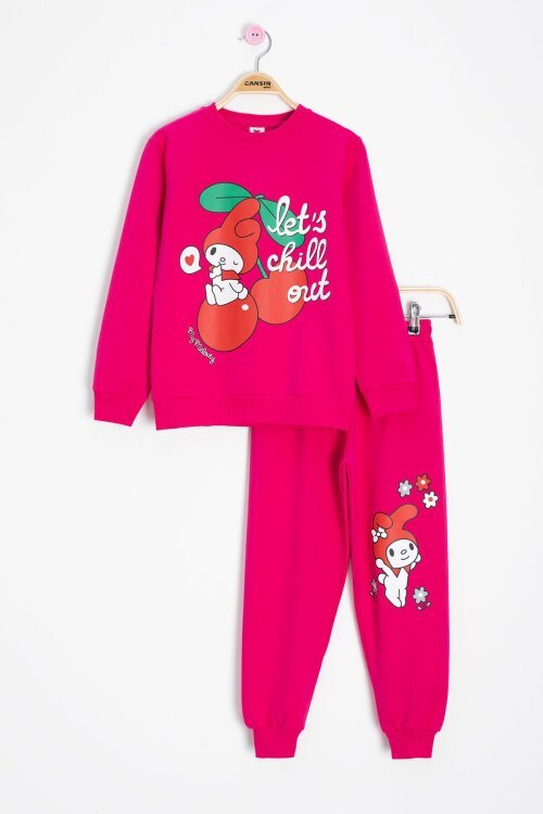 Koyu Pembe Kız Çocuk Kiraz Karakter Baskılı Bisiklet Yaka Eşofman Takımı 23274