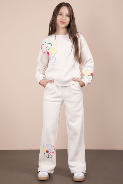 Krem Çiçek Nakış Detaylı Geniş Paça Kız Çocuk Şardonlu Takım 23284