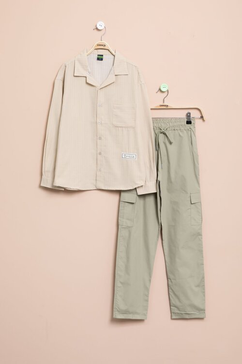 Krem Çizgili Gömlekli Paraşüt Pantolonlu Erkek Çocuk 2li Takım 23262