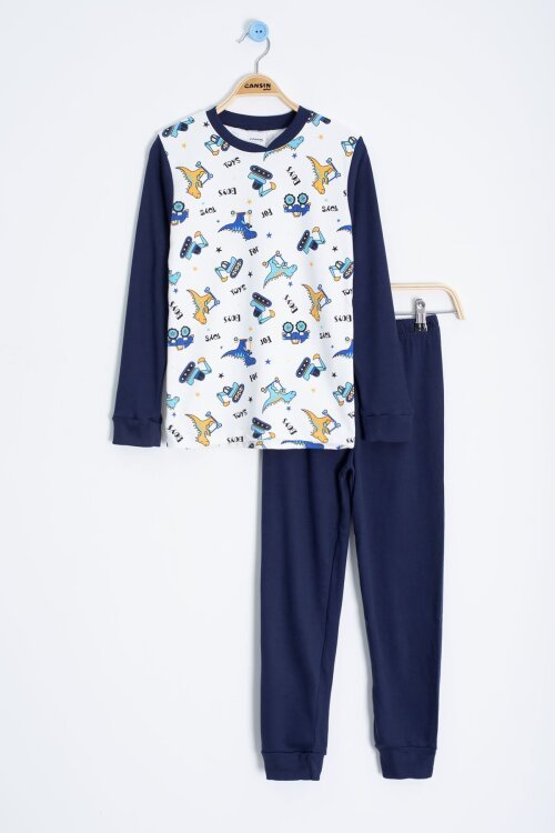 Lacivert Dinozor Baskılı Erkek Çocuk Pijama Takımı  22762