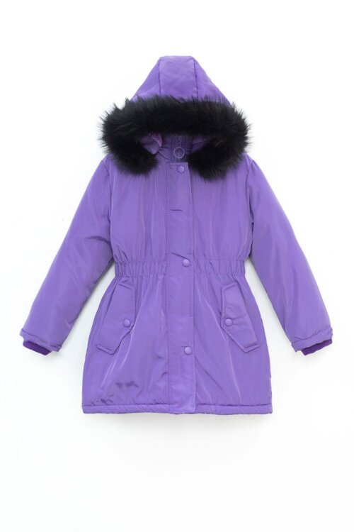 Lila Çıtçıtlı Cepli Esnek Bel İçi Kürklü Kız Çocuk Kapüşonlu Mont 21310