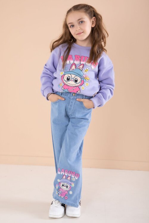 Lila Sevimli Karakter Baskılı Jean Pantolonlu Kız Çocuk 2li Takım  22750