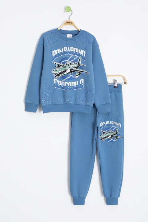 Mavi Erkek Çocuk Yazılı Karakter Baskılı Şardonlu Eşofman Takımı 23288