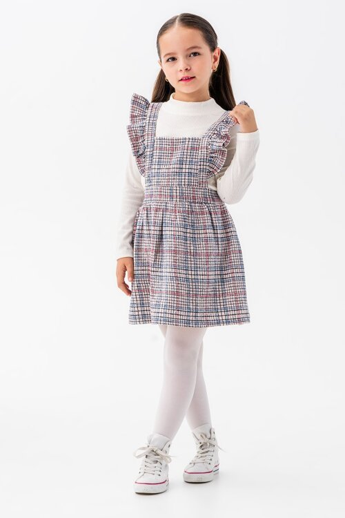 Mavi Kız Çocuk Ekose Desenli Salopet Takım 22681