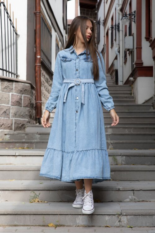 Mavi Kız Çocuk Kuşaklı Düğme Kapmalı Jean Elbise 20495