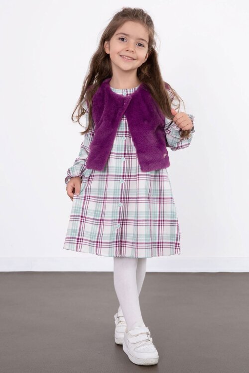 Mor Kız Çocuk Peluş Yelekli Ekose Desenli Elbise 22697