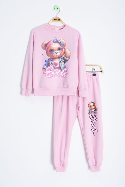 Pembe Ayıcık Baskılı Beli Lastikli Kız Çocuk Eşofman Takımı  22752