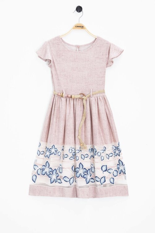 Pembe Çiçek Desenli Hasır Kuşaklı Kısa Kol Kız Çocuk Elbise 22676