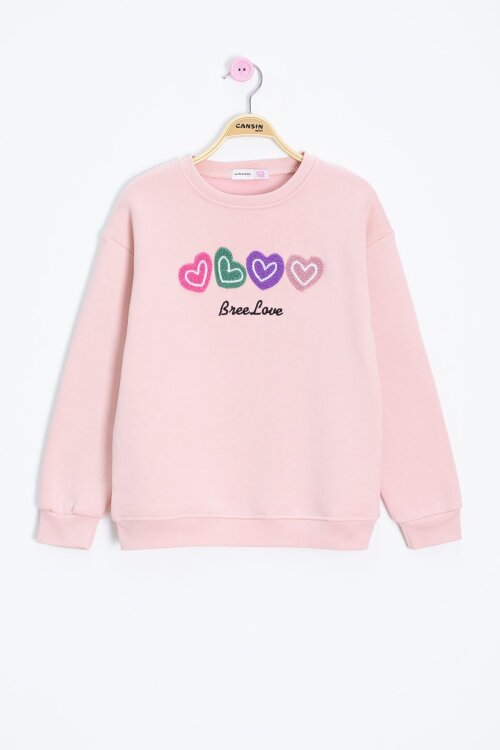 Pembe Kalp Nakışlı Bisiklet Yaka Kız Çocuk Şardonlu Sweatshirt 23251