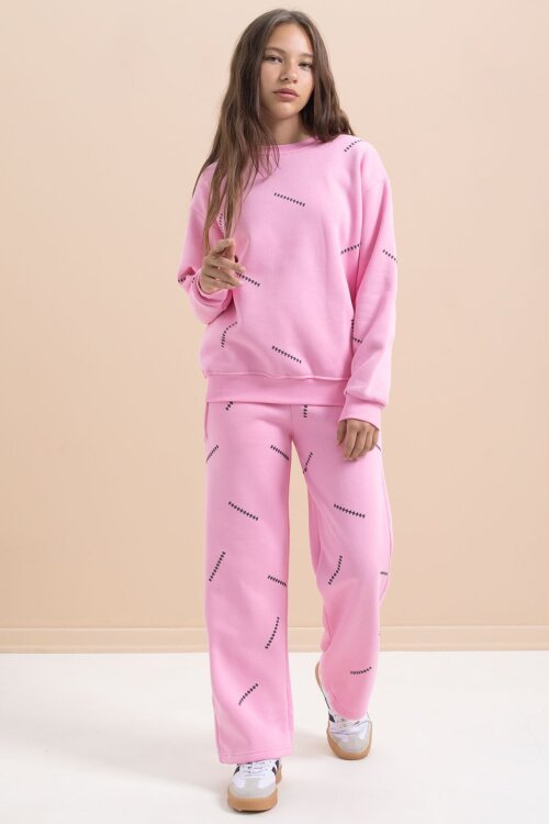 Pembe Kız Çocuk Desenli 3 İplik Şardonlu Geniş Paça Eşofman Takımı 22643